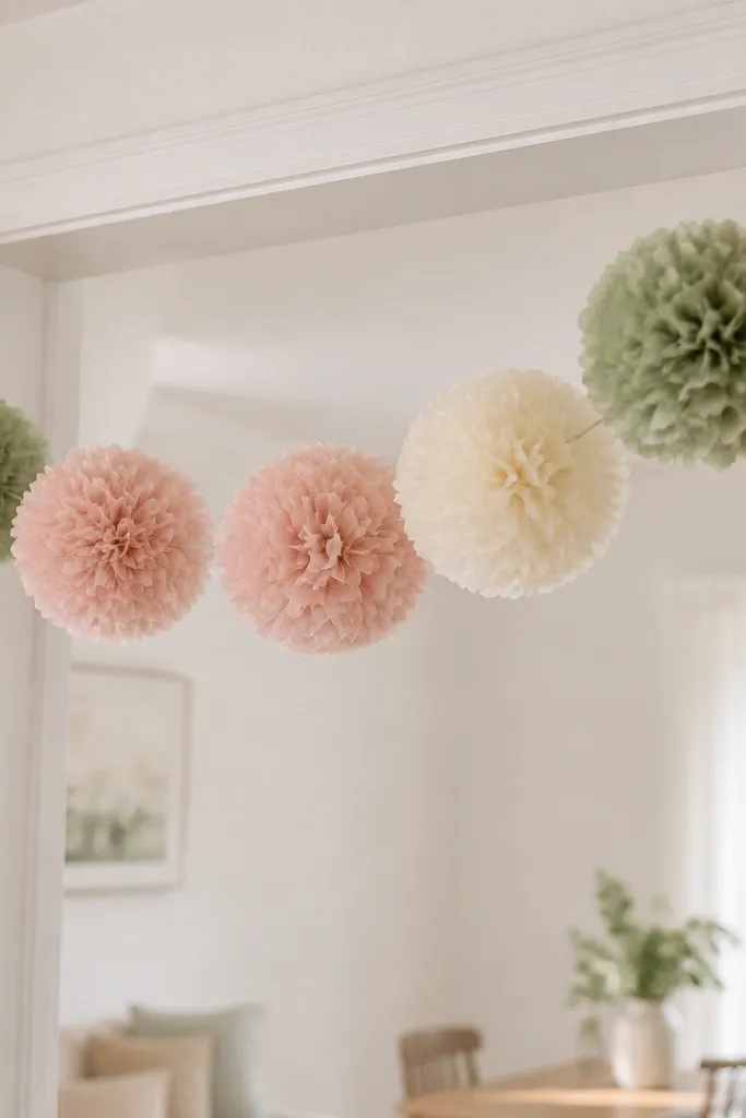 A garland of tissue paper pom-poms in three colors - blush, cream, and muted sage - hung along a doorway. The pom-poms are perfectly round with layered fringes, and the photo shows the garland swaying slightly.