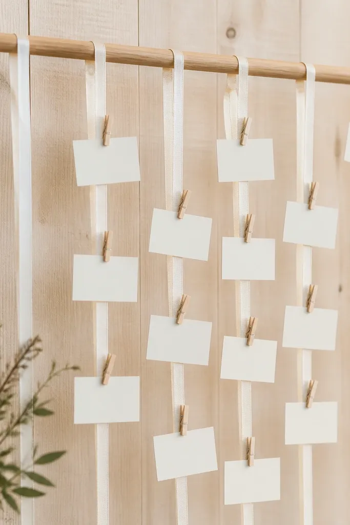A horizontal dowel rack with thin ribbons hanging down, each ribbon holding small escort cards clipped with mini clothespins. The background is a light wood wall.