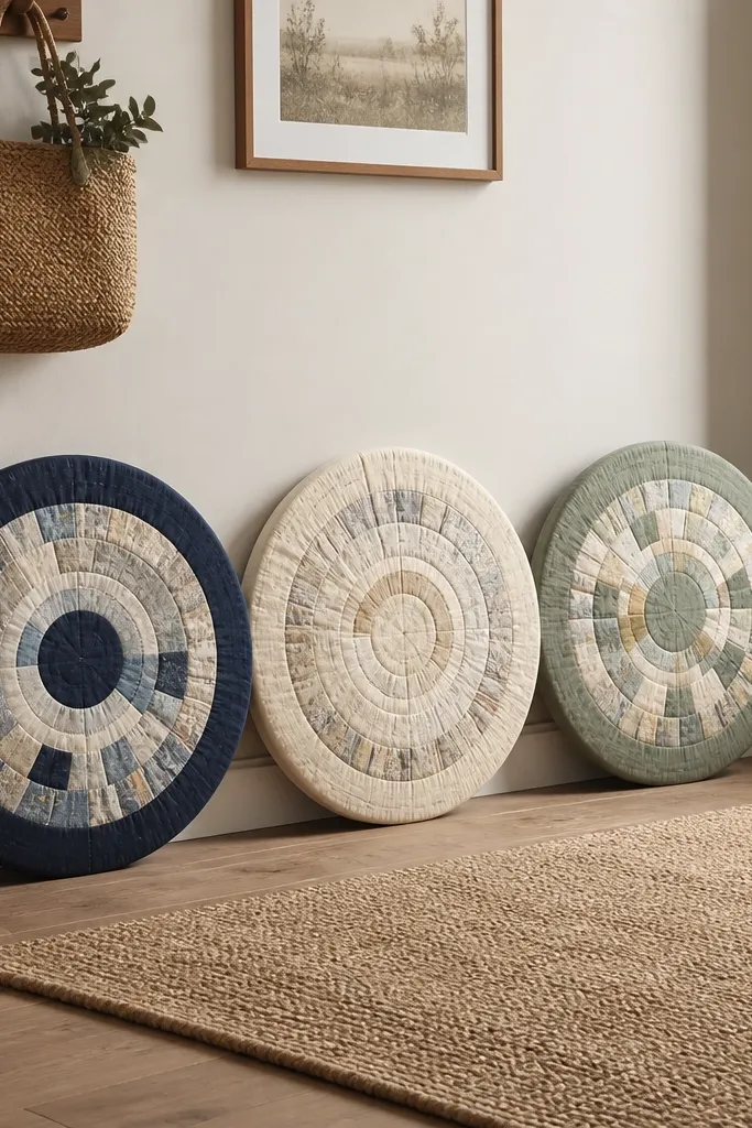 Three circular targets made from fabric scraps sewn over a base, each with a different color ring border in navy, cream, and sage. They stand upright in a simple row near the entry.