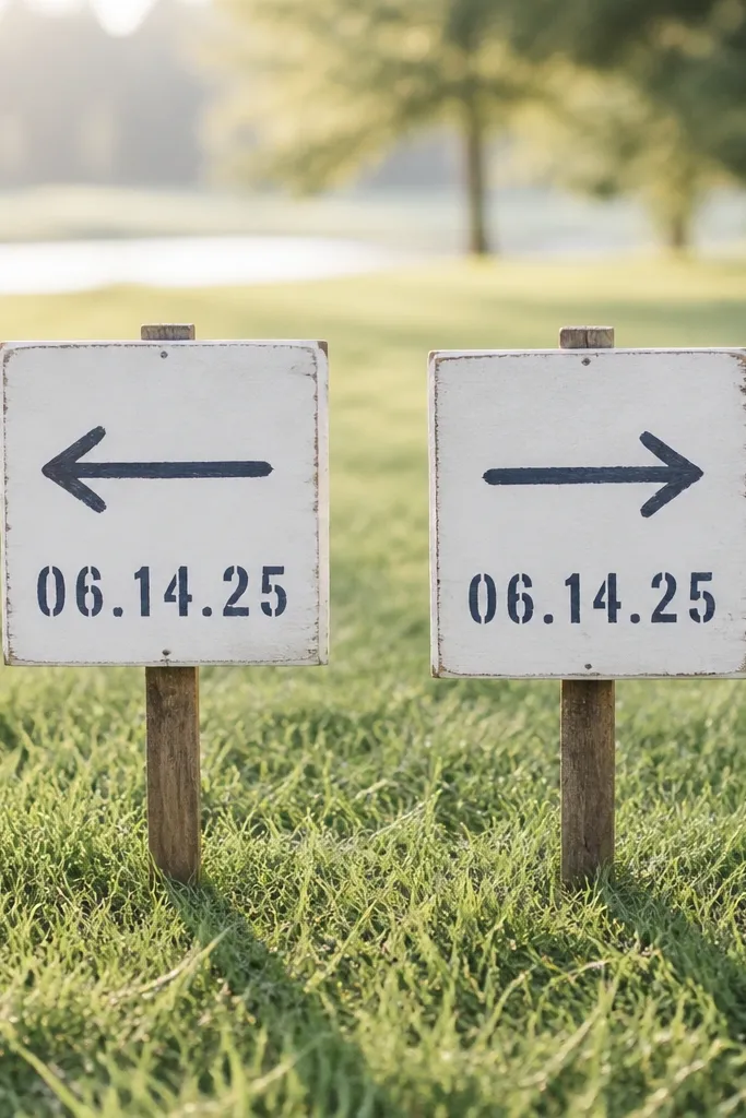 Two small wooden signs on stakes with white paint and a navy stencil date. Hand-lettered arrows point left and right, and the signs sit on grass with morning light.
