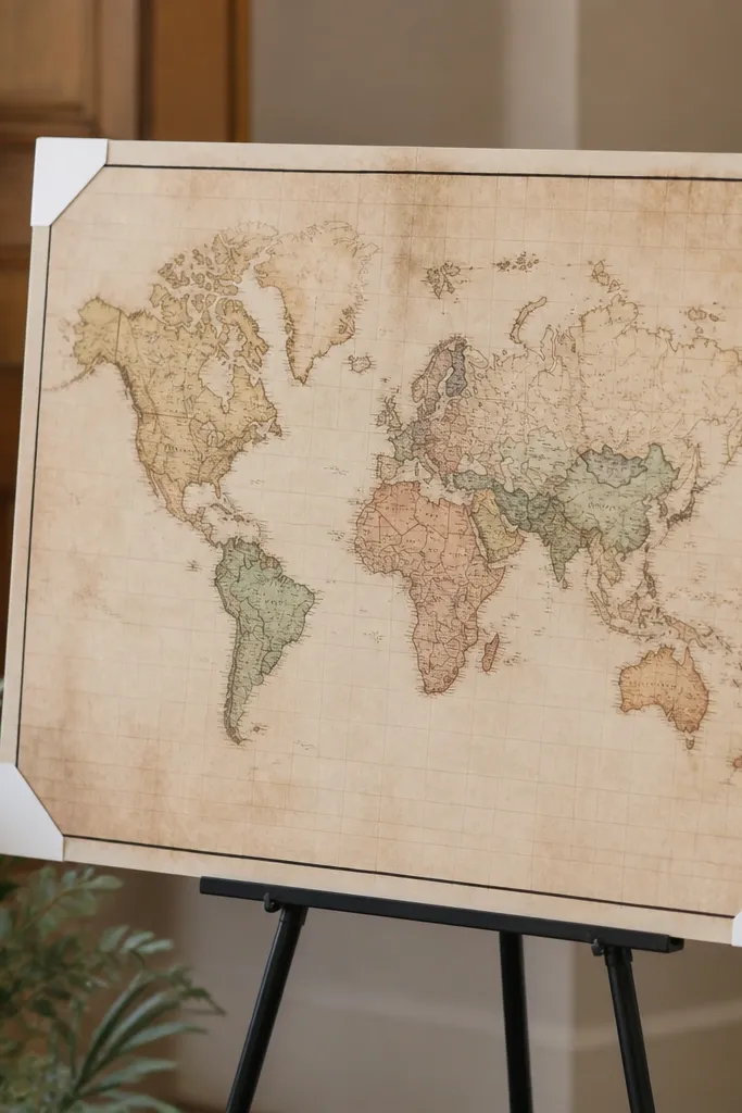 A welcome sign printed with a vintage-style map graphic. The edges have small tear-away corners covered with white paper, and the sign is mounted on a foam board with a simple black marker border.