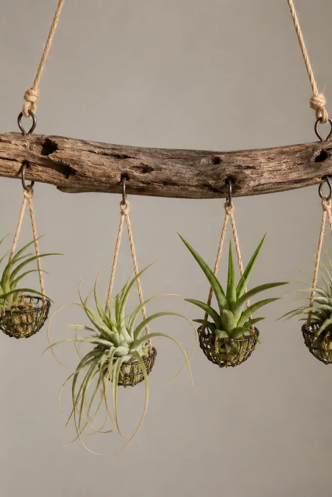 A small driftwood piece with twine loops hanging multiple air plants. The plants sit in small wire cups attached to the wood, and the photo shows a neutral background with daylight.