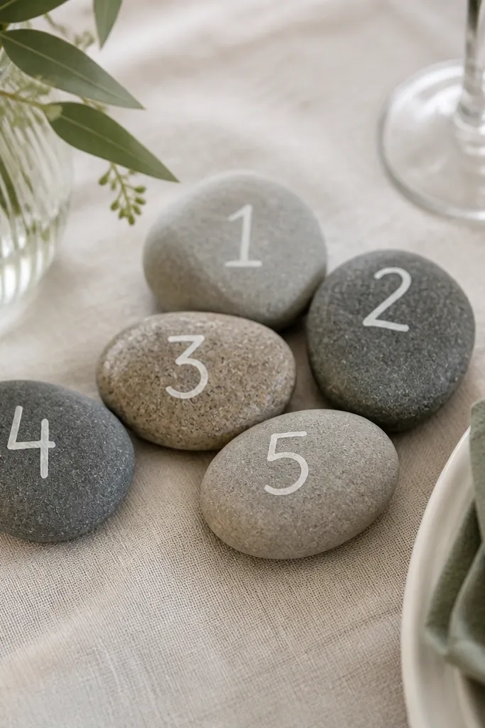 Smooth river stones arranged in a small cluster near place settings. Each stone has a table number written in white chalk marker, and the stones are photographed on a linen cloth.