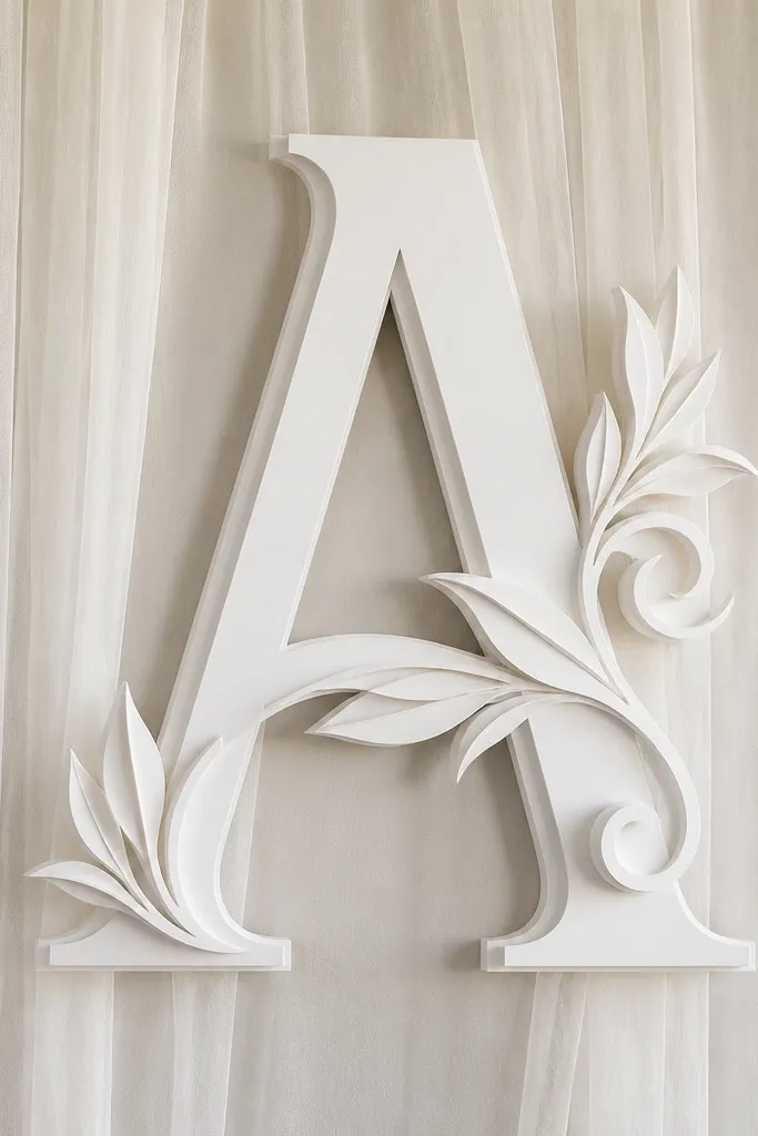 A large monogram letter made from layered white cardstock cutouts mounted on a wall. Behind it, a simple curtain of sheer fabric hangs, and the letter has shadow depth.