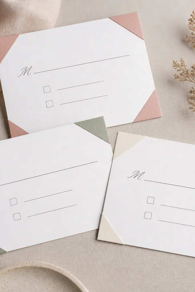 RSVP cards laid out with colored corner tabs in blush, sage, and cream. Each card has a handwritten-style printed name line and a simple check box layout.