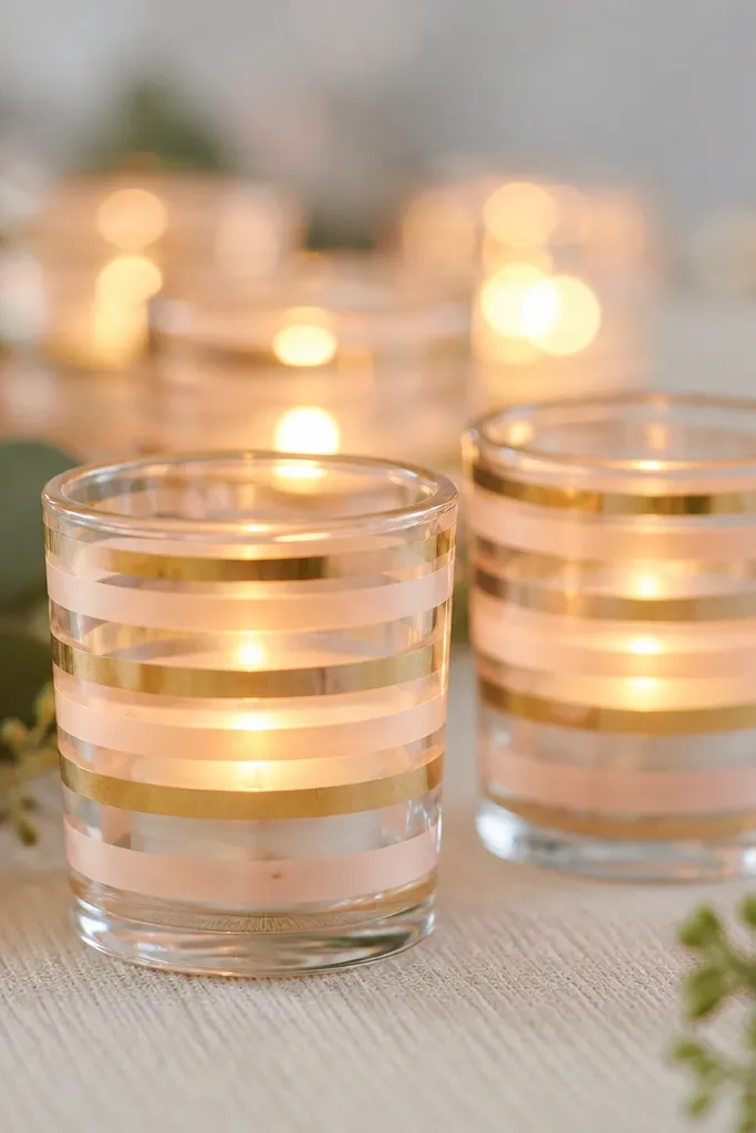 Clear glass votive holders wrapped with narrow bands of washi tape in gold and blush. The tea lights glow warm behind the tape, and the photo shows soft bokeh from other candles.
