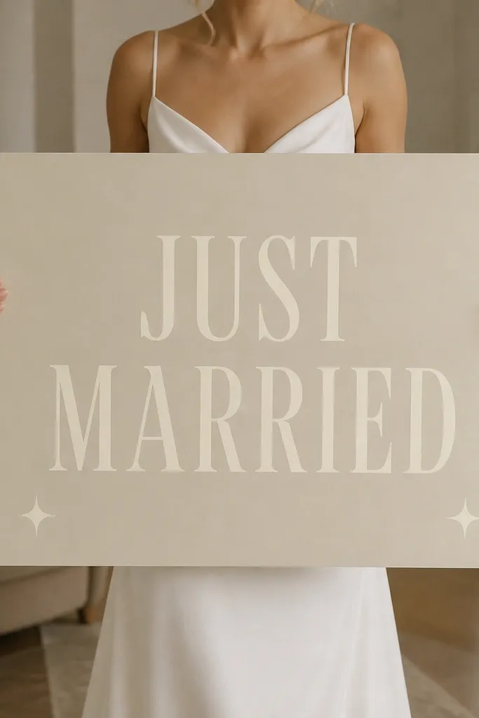 A cream matte board held in front of a standing mirror. Large ivory block text reads "JUST MARRIED" centered, with small sparkles as dots near the bottom corners. The background shows a soft-lit room and the bride's white dress neckline just above the board.