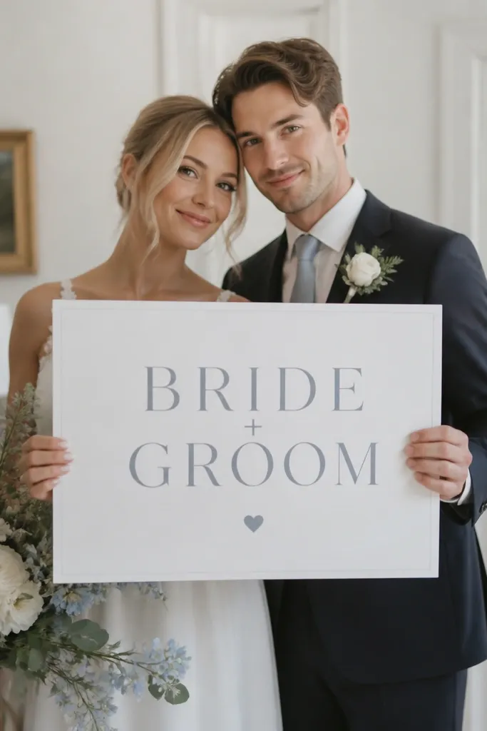 A white sign with thin, elegant serif text reading "BRIDE + GROOM." The letters are gray-blue, and there are small heart icons between the words and near the bottom. The sign is held straight in front of the mirror, with the couple's shoulders and bouquet visible above it.