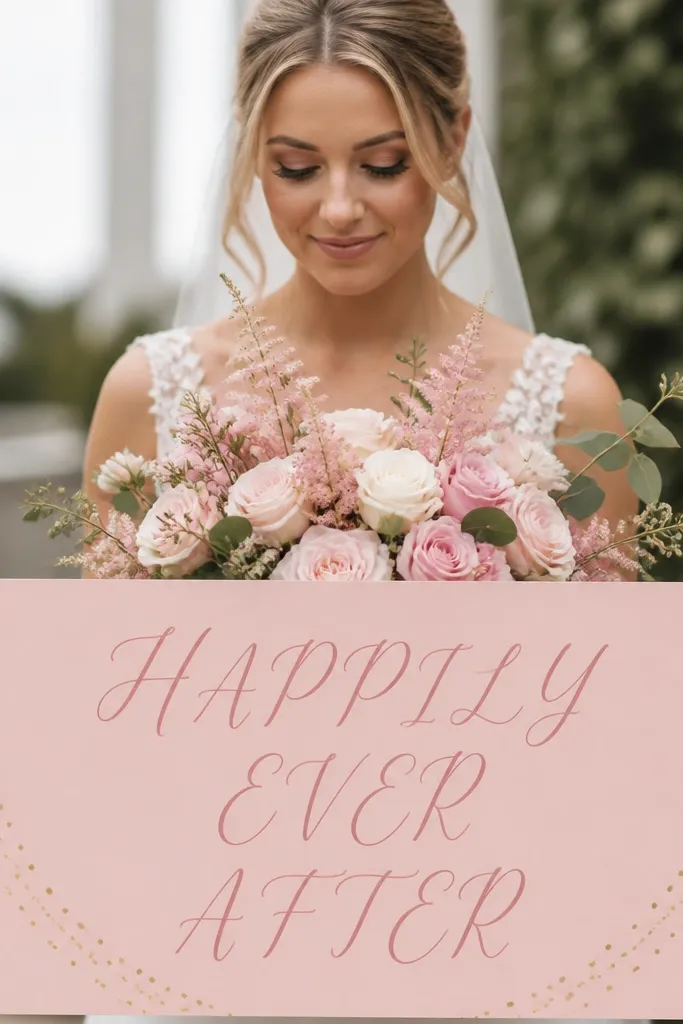 A blush pink cardstock sign with cursive script reading "HAPPILY EVER AFTER." Small gold dot accents form a loose arc at the bottom corners. The bride's pink-toned bouquet and soft makeup are visible above the sign.