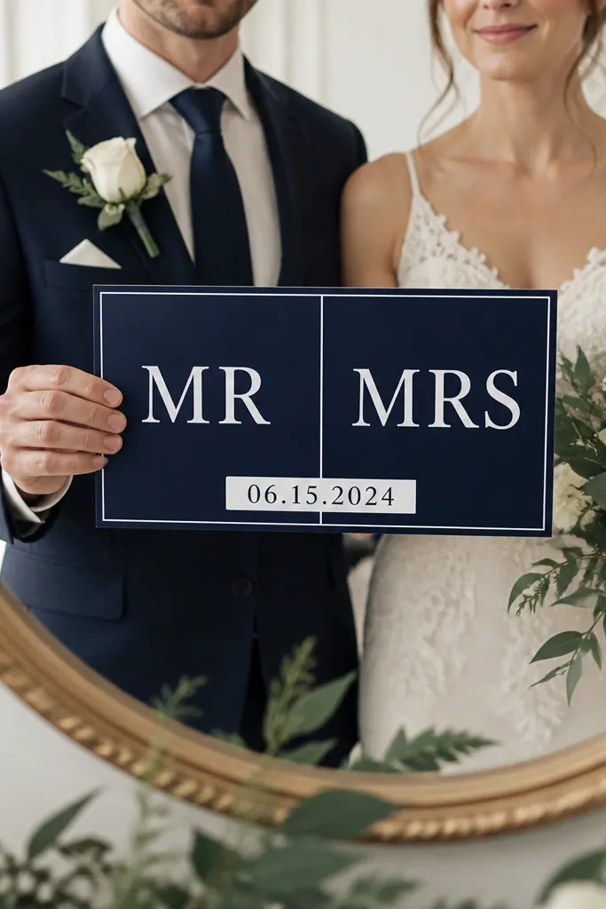 A navy sign divided into two halves. Left side says "MR" in white, right side says "MRS" in white. A small white rectangle at the bottom reads the wedding date. The sign is held in front of a mirror with matching navy tie and bouquet.