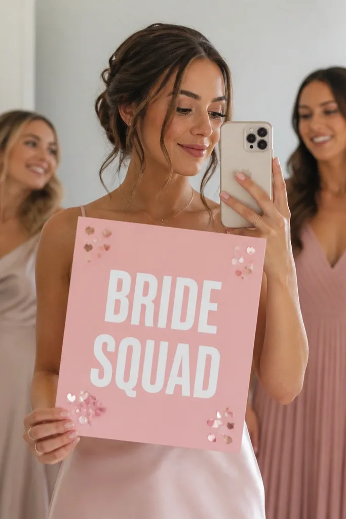 A blush pink sign with "BRIDE SQUAD" in bold white letters. Small heart-shaped confetti stickers sit in the corners. The sign is held by a bridesmaid in front of a mirror, with two other bridesmaids' dresses visible behind.