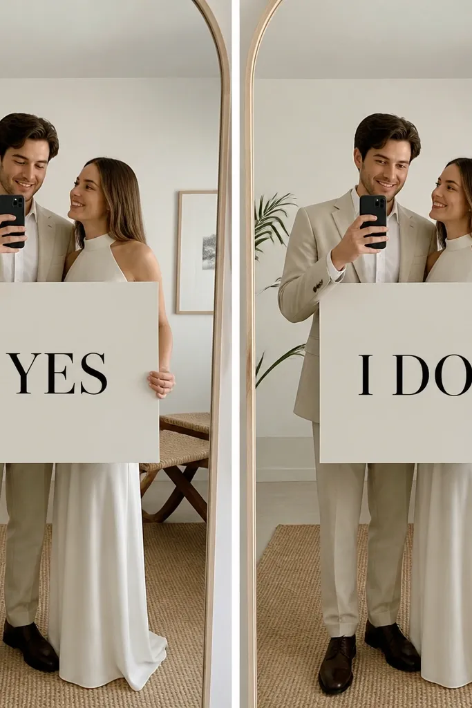 A minimal white sign with large black letters. One photo shows "YES" centered. Another shows "I DO" centered. Both are held at the same height in the mirror, with the couple's outfits visible above the sign.