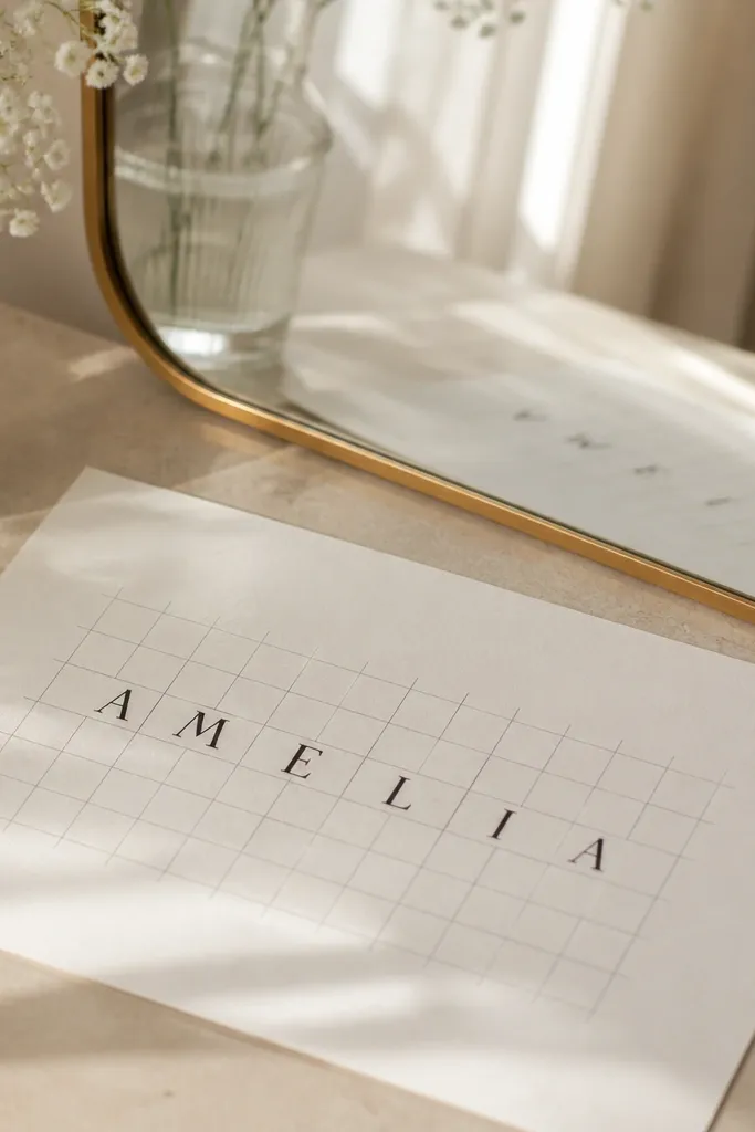 A grid overlay on paper beside a mirror, with name letters spaced to match the grid; the mirror is visible in the background.