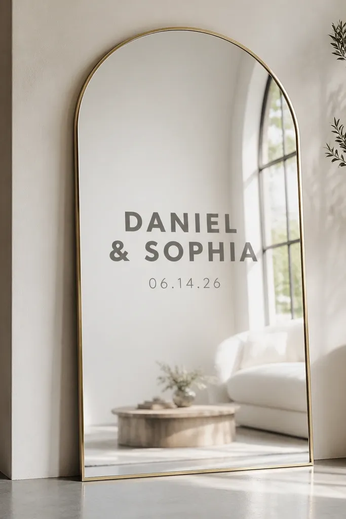 A mirror sign where names are in bold matte vinyl and the date is in a thinner, smaller line directly underneath with clear breathing room.