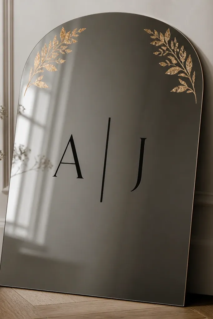 A mirror sign with matte black names and two small gold foil corner accents near the top corners; the rest stays dark and clean.