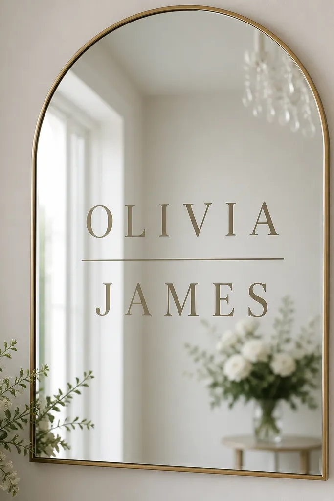 A mirror sign where names are stacked in two lines with a thin horizontal rule between them; the rule is straight and centered.