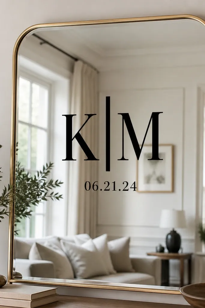 A large monogram in the center of the mirror with initials in bold vinyl, and a smaller date label underneath in the same font style.