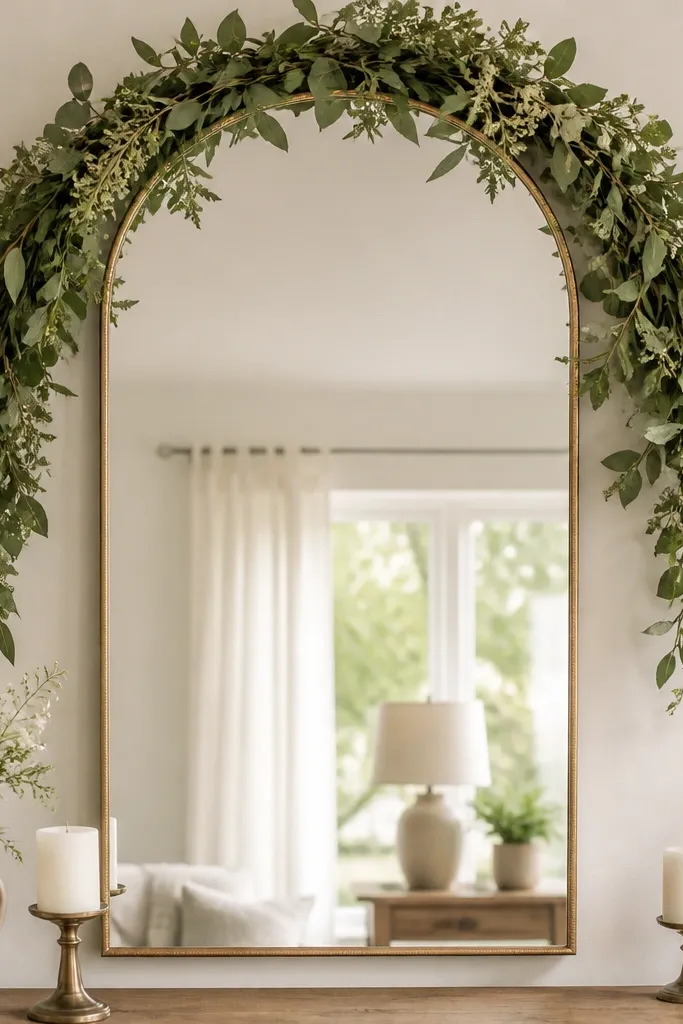 A mirror with a soft greenery garland arched above the sign, leaving a clear vertical channel where the letters sit; the garland does not touch the text.