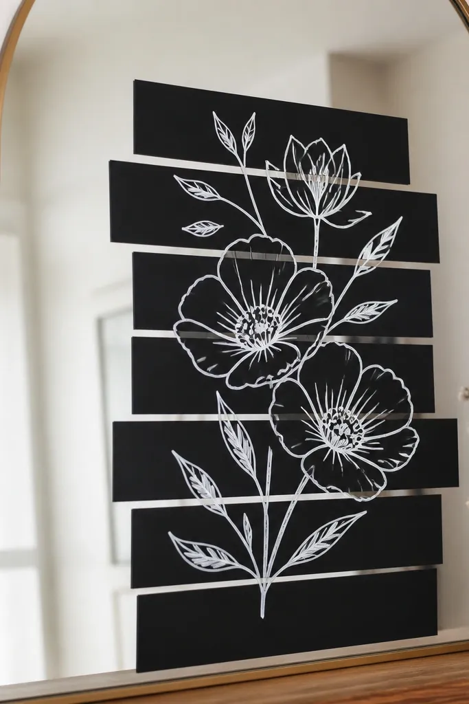 Matte black tape strips arranged as a backing block behind white chalk marker lettering on a mirror; the tape edges are clean and straight.