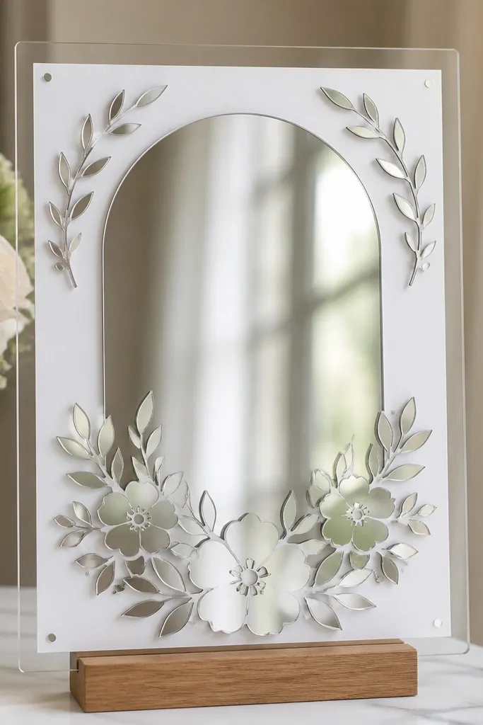 A wedding mirror sign on a clear acrylic panel with a white foam backer card behind it; the foam card has a neat 1/2-inch border visible around the text, with tiny removable adhesive dots holding the mirror-safe pieces in place.