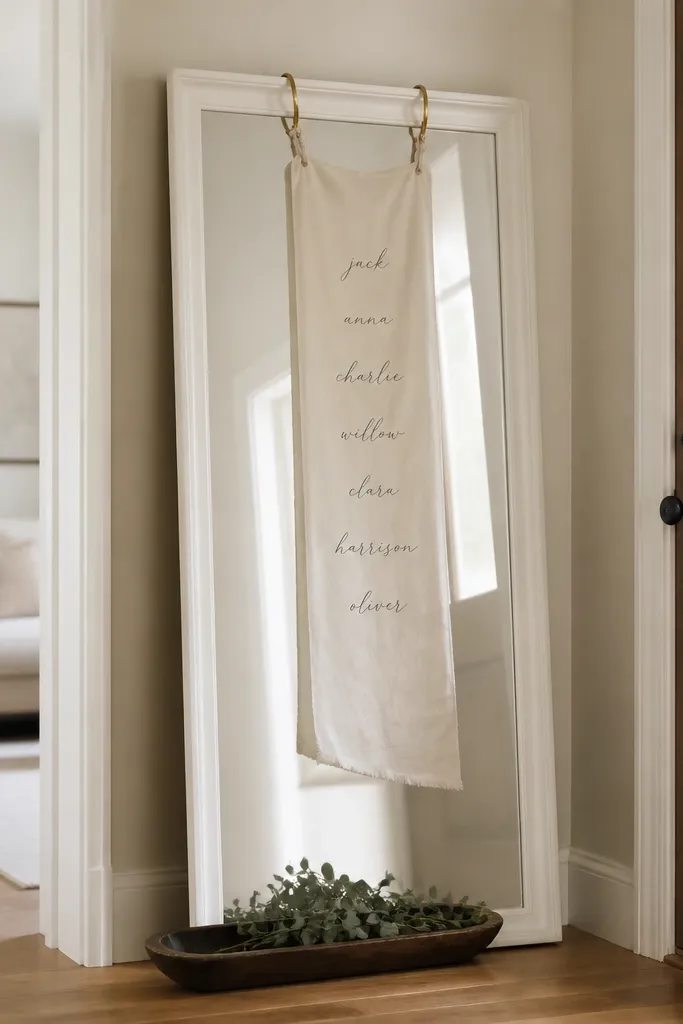 A 24x36-inch white framed mirror leaned against a narrow entry wall. In front of it hangs a cream linen strip with hand-lettered names, tied to two brass curtain rings. Under the mirror sits a small dark tray with a single eucalyptus bunch.