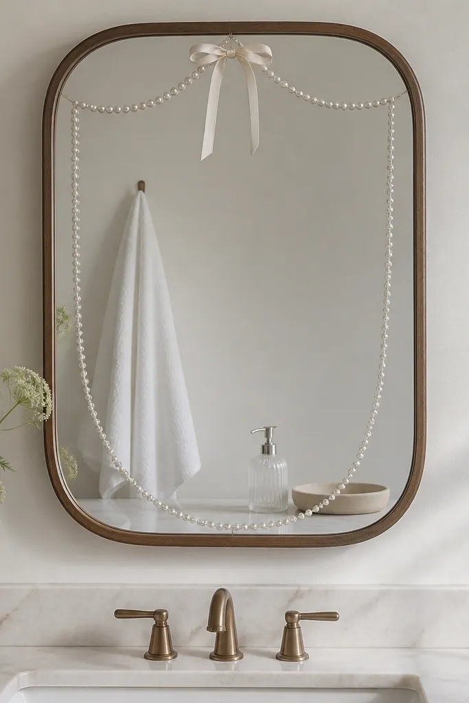 A framed mirror mounted above a sink. Around the mirror edge is a thin faux pearl garland in a U-shape, with a small bow at the top center. The reflection shows a white towel, a clear soap dispenser, and a matte beige tray.