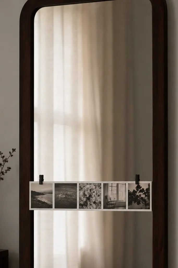 A tall mirror with a dark wood frame. A horizontal photo strip hangs across the lower third, held by two small black clothespins at each side. Behind it, a neutral linen curtain blurs in the reflection.