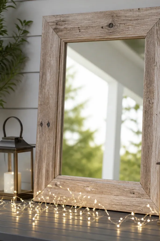 A weathered wood-framed mirror propped on a patio table. In front is a garland of small white LED lights wrapped around a thin wire. Two lanterns sit on either side of the mirror base.
