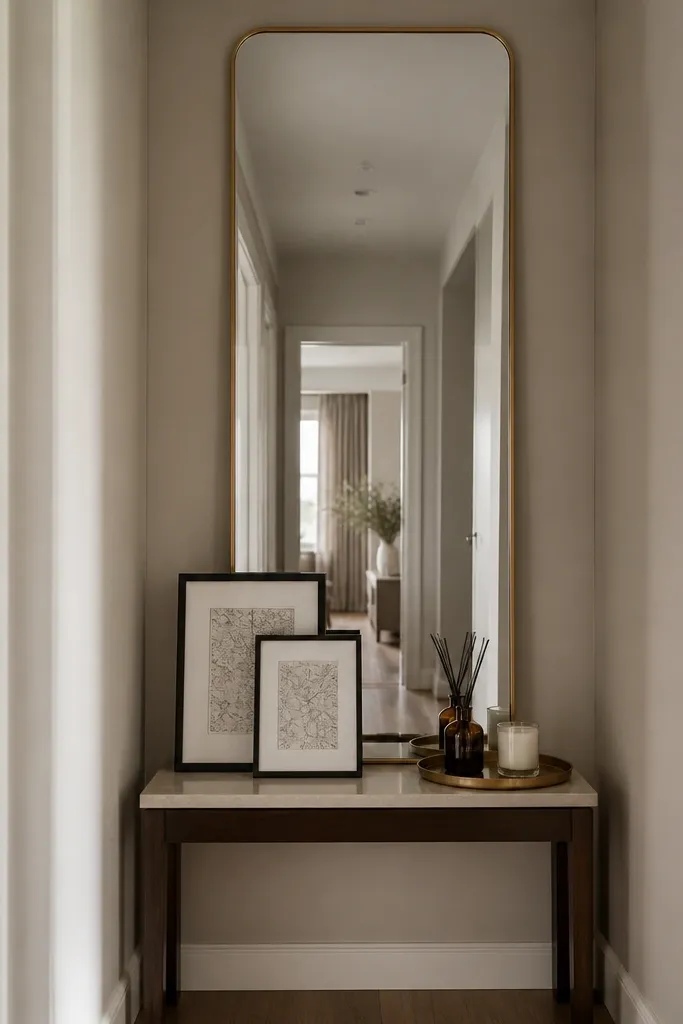 A tall mirror in a narrow hallway. Two small framed map prints sit on a console directly in front of the mirror base. A gold tray holds a small diffuser and a single candle.