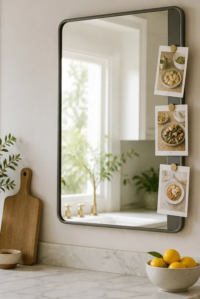 A kitchen wall mirror with a slim magnet rail along the side. Recipe cards are held by small magnets, with a small bowl of lemons below the mirror.