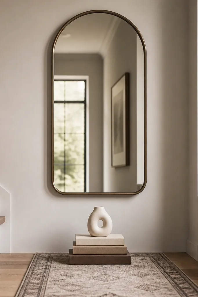 A mirror on a stair landing wall. In front is a neat stack of three books with a small ceramic sculpture on top. A slim runner rug runs under the stack.