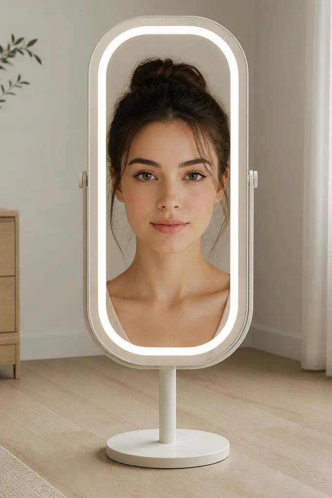 A tall vanity mirror with built-in LED ring lights. The mirror surface is positioned so the lights align with a person's eyes; the stand is centered on a light wood floor. A phone camera shows the reflection framing the face from forehead to collarbone.