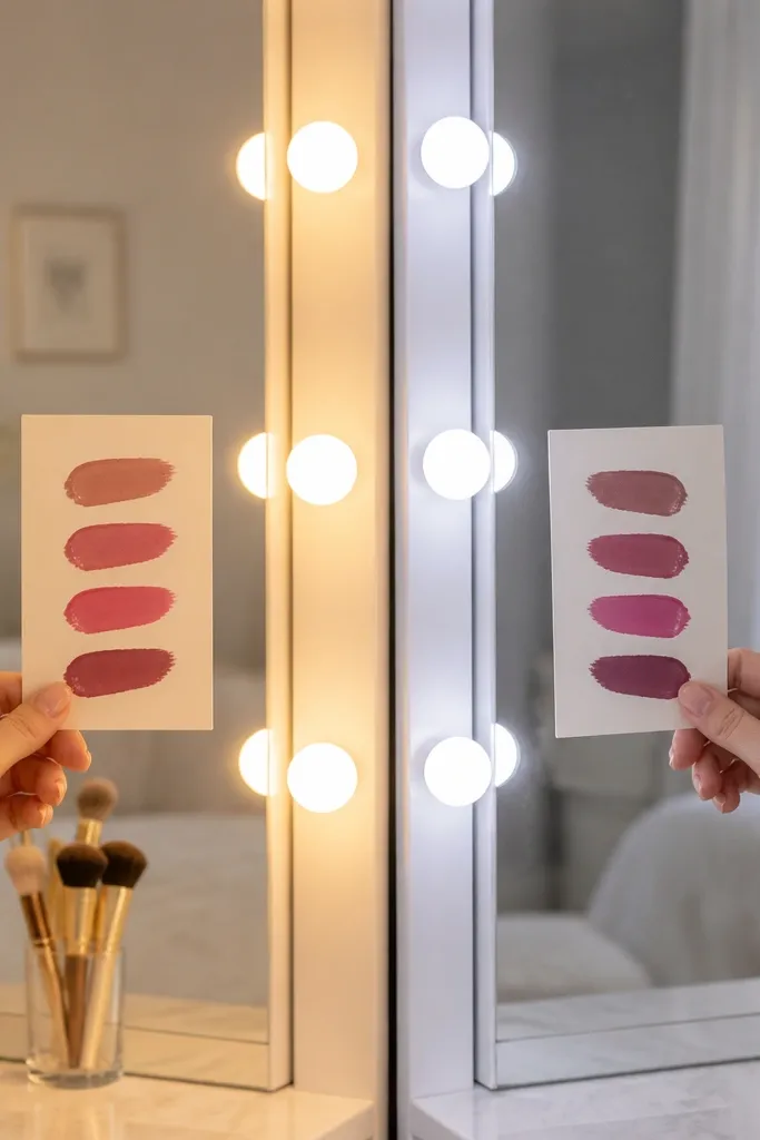 Two sides of a mirror setup in the same room: one with warm yellow bulbs and one with cooler white bulbs. A hand holds a lipstick shade card in front of each reflection, showing different undertone results.