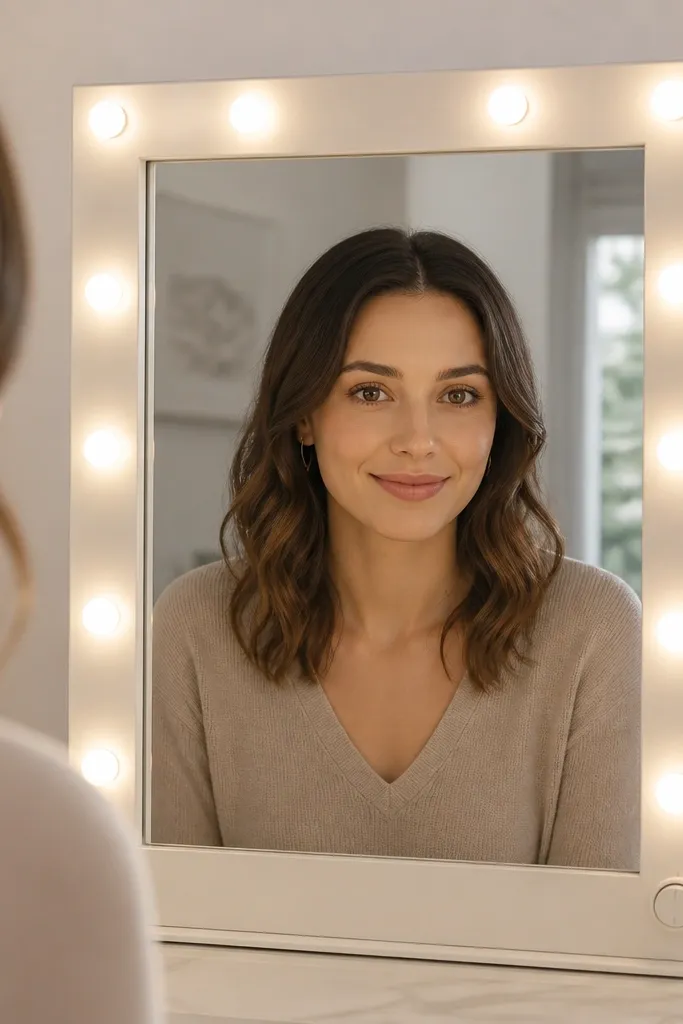 A mirror with lights turned to medium brightness with the dimmer dial visible. The reflection shows even facial lighting without hotspots on the forehead.