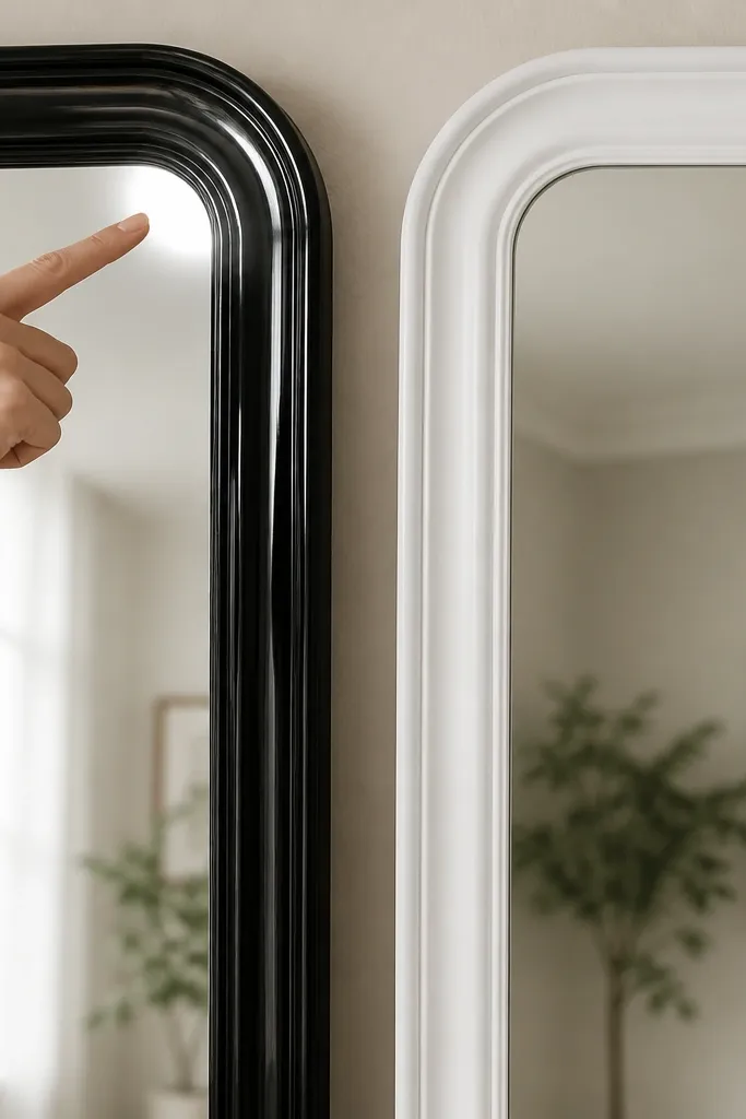 Two mirror frames side by side: one glossy black frame reflecting the lights and creating bright streaks, and one matte white frame with a softer reflection. A hand points to the glare difference near the top corner.