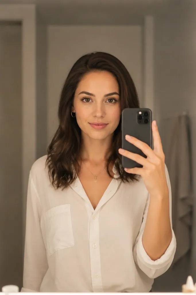 A mirror with lights where the lighting is symmetrical on both sides of the mirror. The person's face is evenly lit with no strong left or right shadow. A hand-held phone shows a balanced reflection.