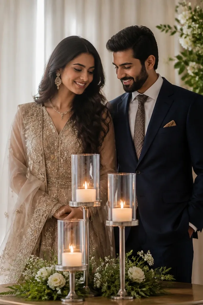 A stage with three candle holders clustered in varying heights, each set in glass cups. The candles are placed on a low base table, not directly on the floor. The couple stands behind, and the candle glow stays below their shoulders.