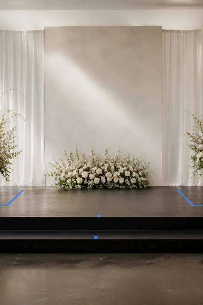 A stage layout with painter's tape lines showing where two side floral arrangements go. The arrangements are separated from the backdrop by a visible gap, and there is a clear empty zone between them and center decor.