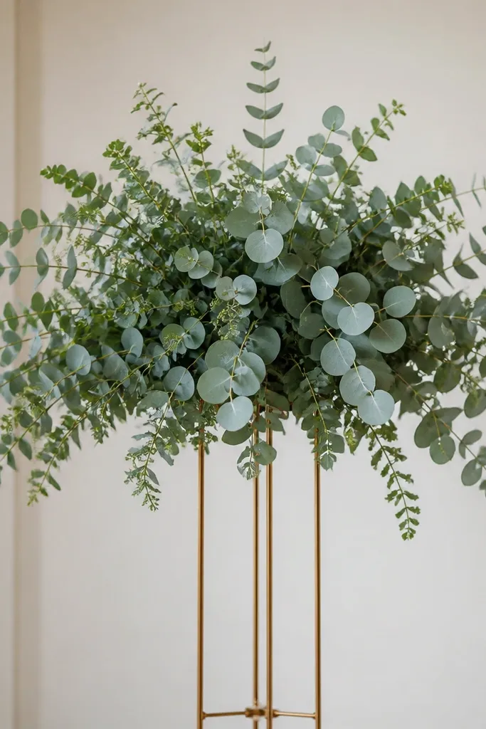 A greenery arrangement on a stand with eucalyptus leaves spread in a layered pattern. The leaves overlap at the center and thin out slightly at the edges, creating a natural gradient.