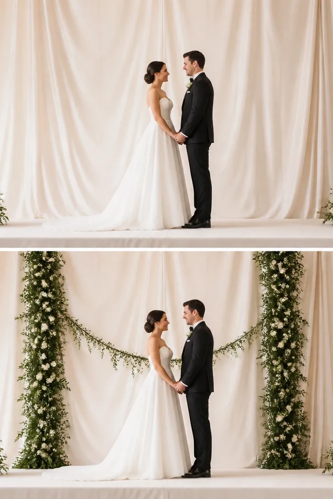 A wedding stage with a cream-champagne satin drape behind the couple. On the before side, the floral is only small bud clusters placed low at the front corners. On the after side, the same satin drape remains, but a tall vertical greenery line runs behind the couple with matching low bud clusters, plus a thin garland across the center.