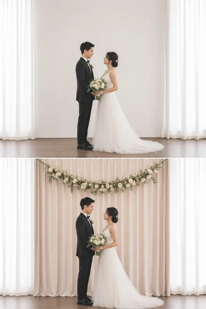 Before shows tall sheer curtains hanging in two sides with an empty center. After keeps the sheers but adds a solid center panel behind the couple, plus a small flower garland across the panel.