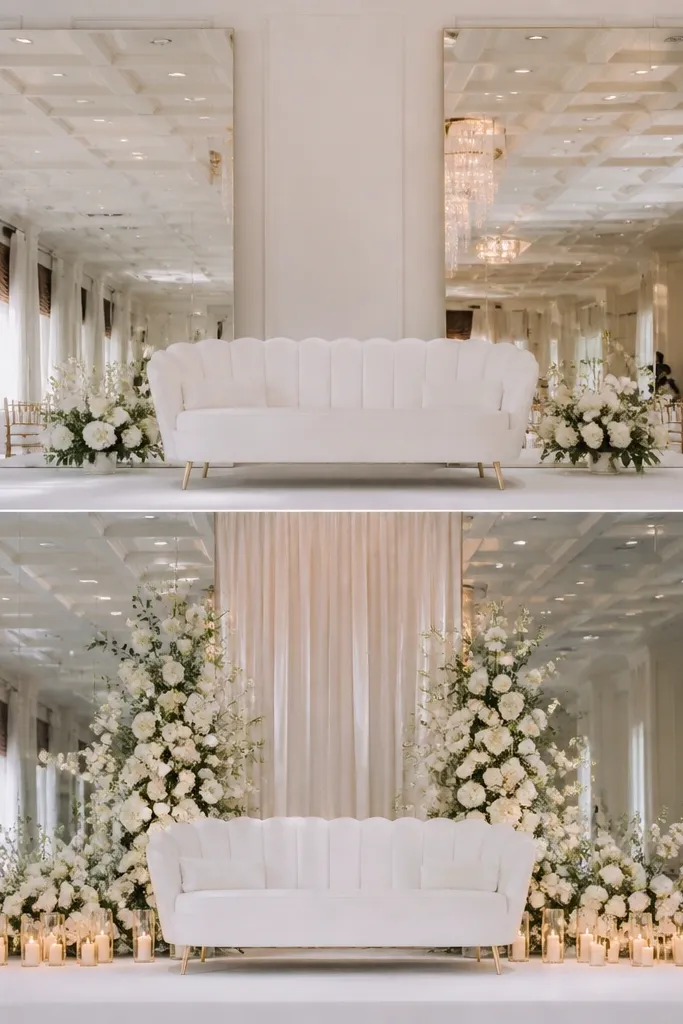Before shows two large mirror panels behind the stage with minimal florals; reflections make the background look busy. After shows the same mirror panels but with florals moved forward and a row of warm-gold candles in front, plus a soft neutral drape between mirrors.