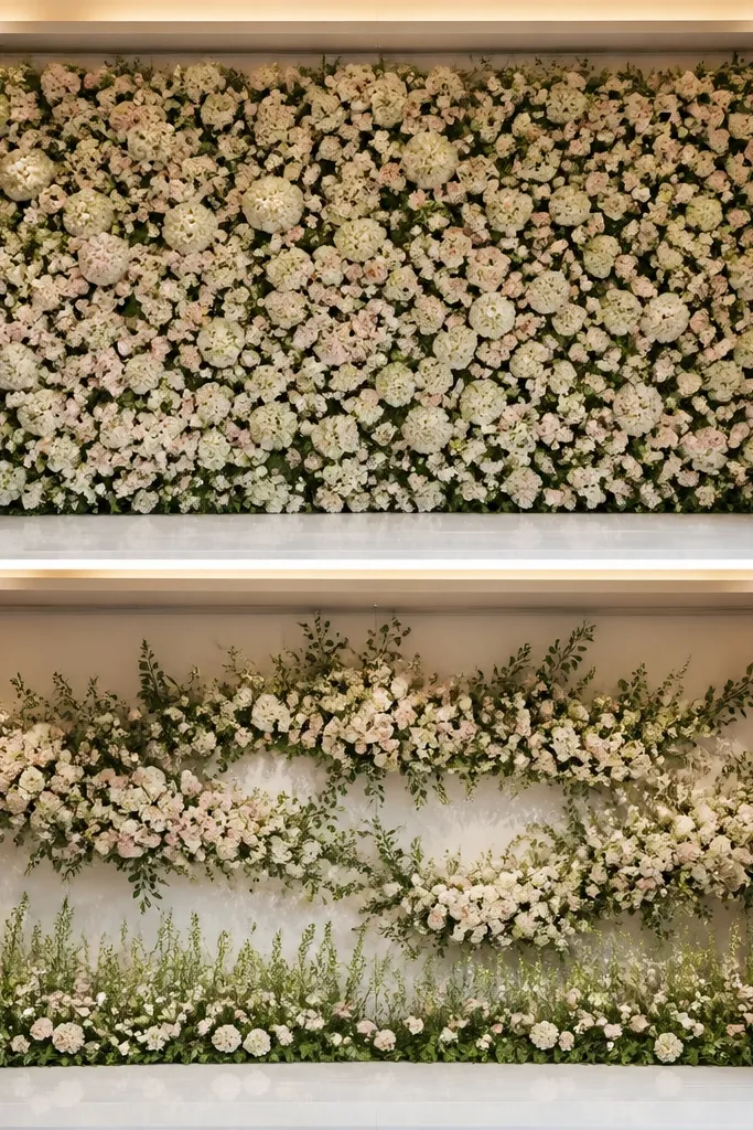 Before: a full flower wall looks packed with flowers and greenery covering every inch. After: the same wall has been thinned - flowers are clustered in bands with visible gaps and a more layered look, plus a cleaner base arrangement on the stage floor.