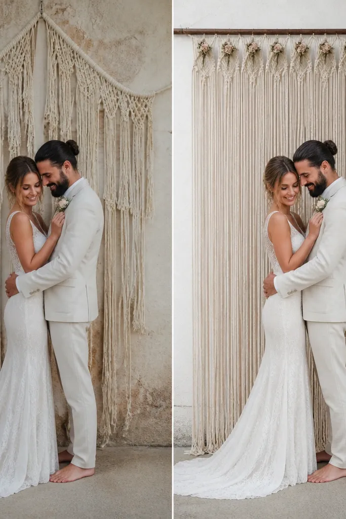 Before: macramé fringe hangs unevenly from a top point with curls and twists, creating messy lines behind the couple. After: the macramé is attached to a straight beam with even spacing, and the fringe falls in clean vertical strands with small floral ties at the top.