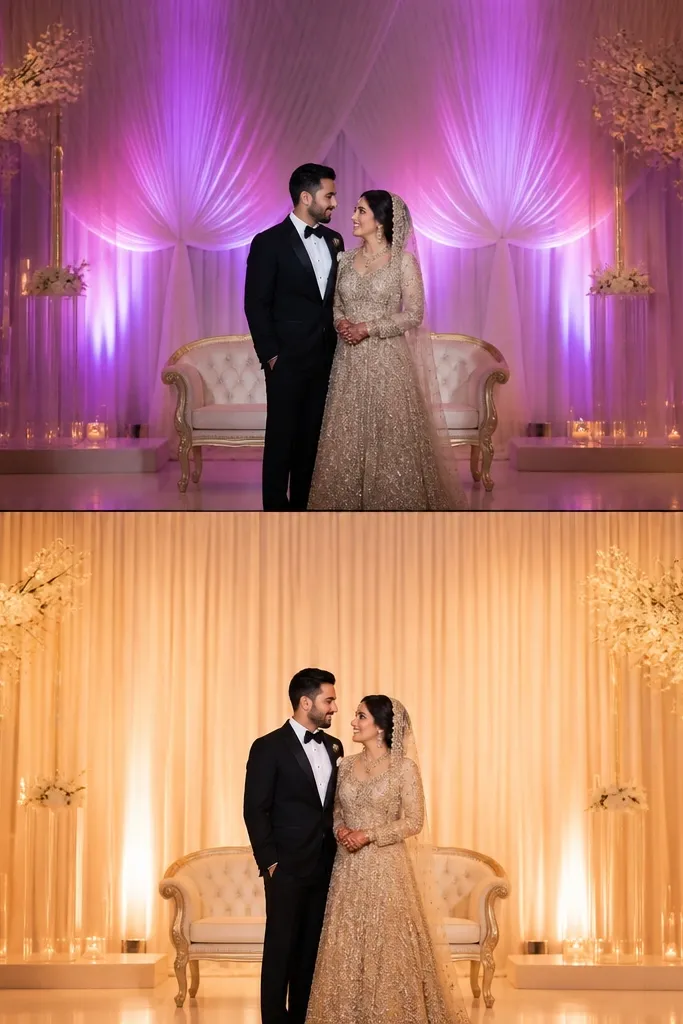 Before: stage has uplights in two different colors that hit the backdrop unevenly, creating patchy areas behind the couple. After: lights are adjusted to hit from one direction, and drapes are the same warm tone across the stage, with a smoother glow behind the couple.