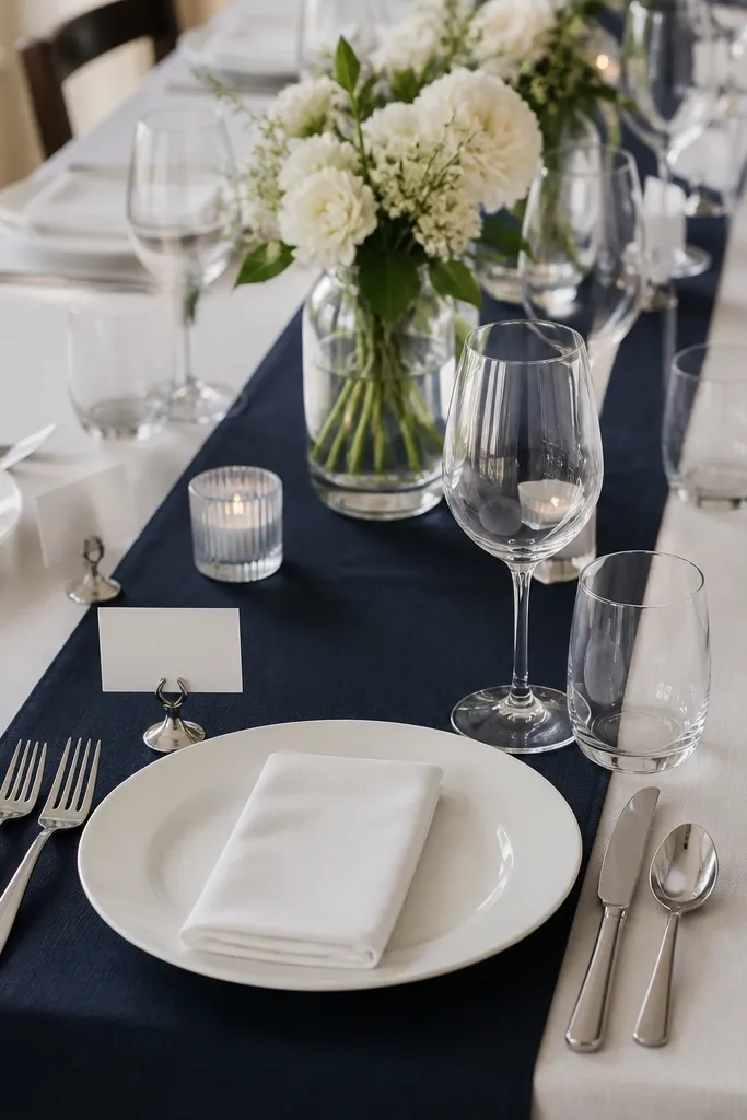 A navy table runner over a lighter base cloth. Each setting has a white dinner plate and a folded white napkin, with a small place card card holder near the top left of the plate. Silver cutlery and clear glasses are arranged neatly.