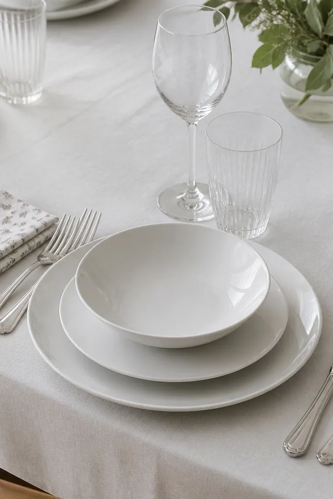 A solid white place setting with a patterned napkin (small botanical or geometric print) folded into a simple rectangle to the left. Cutlery is silver and glasses are clear. The centerpiece is plain and low.