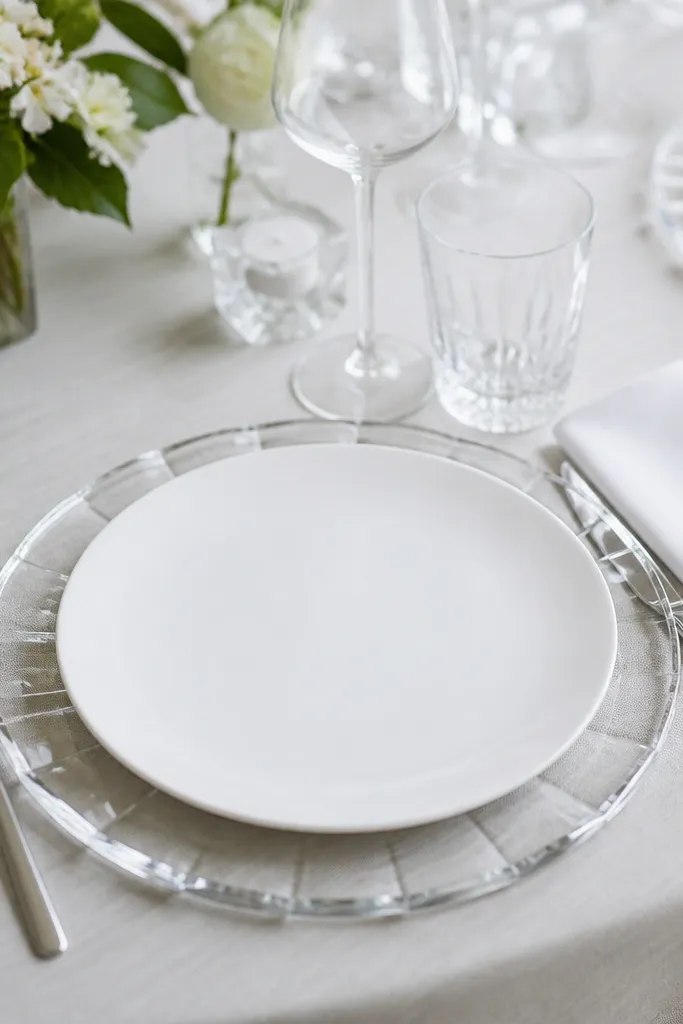 A modern table setting with a clear acrylic charger under a white dinner plate. A white napkin is folded to the right. Clear acrylic or glass-style place elements are visible, along with silver cutlery and clear glasses.