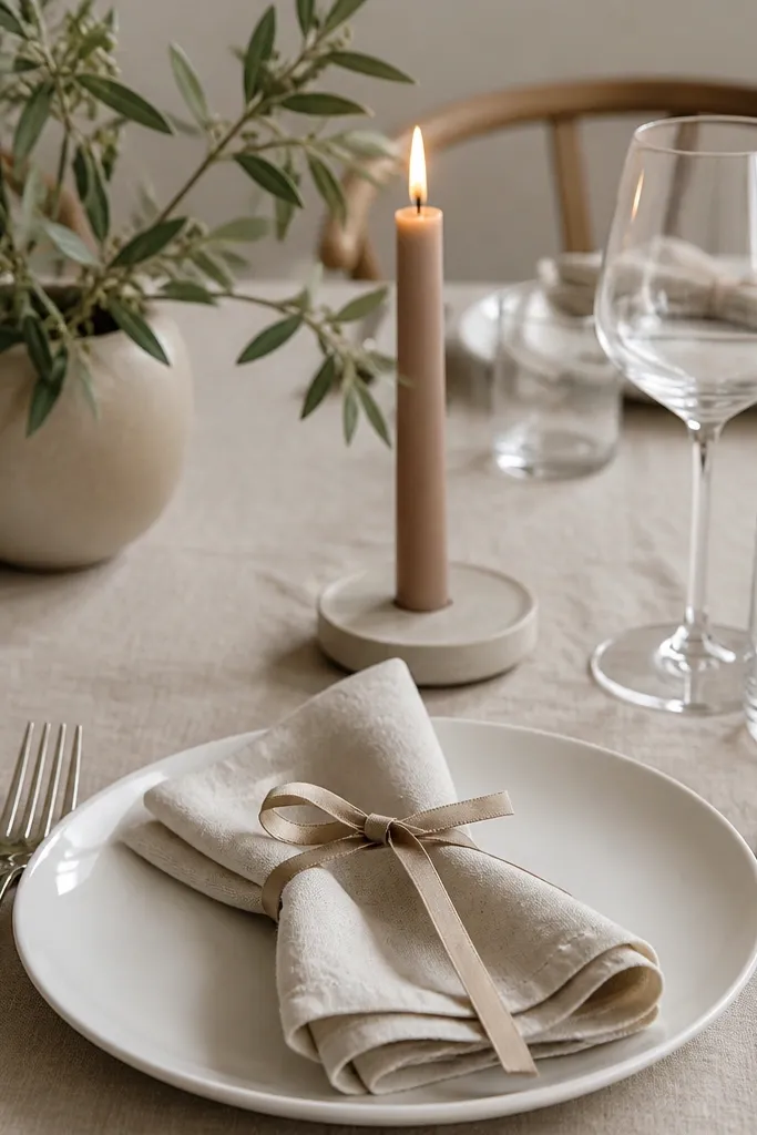 A place setting with a white plate and a napkin wrapped with a thin ribbon matching the candle label color. A single stem candle sits near the center of the table, and the setting includes silver cutlery and clear glasses.