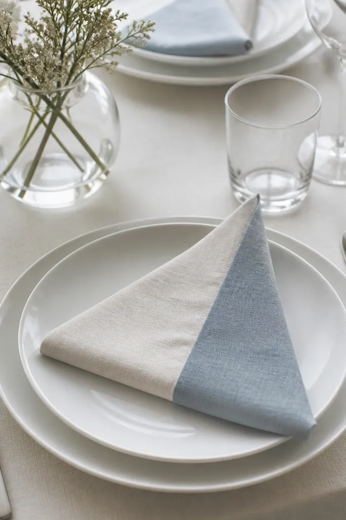 A table setting with white plates and a napkin made of two-color blocks (for example, cream and dusty blue) folded into a clean triangle. Cutlery is silver, glasses are clear, and the centerpiece is minimal.